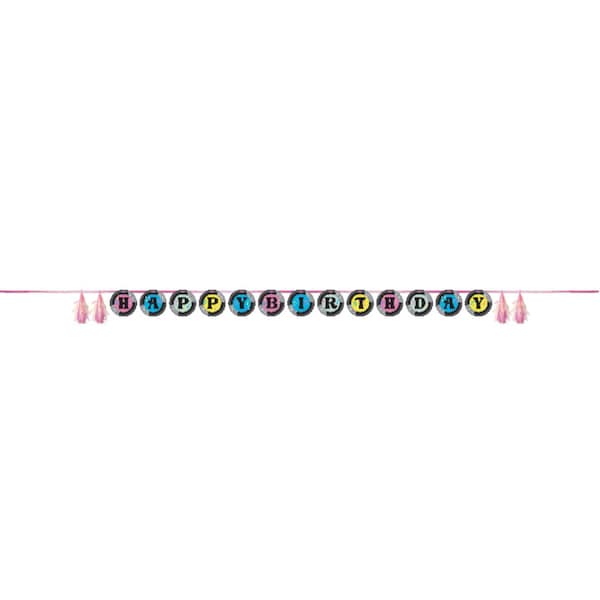 Creative Converting Birthday Beats Happy Birthday Ribbon Banner with Vinyl Records and Iridescent Tassels, 12PK 372839 - main